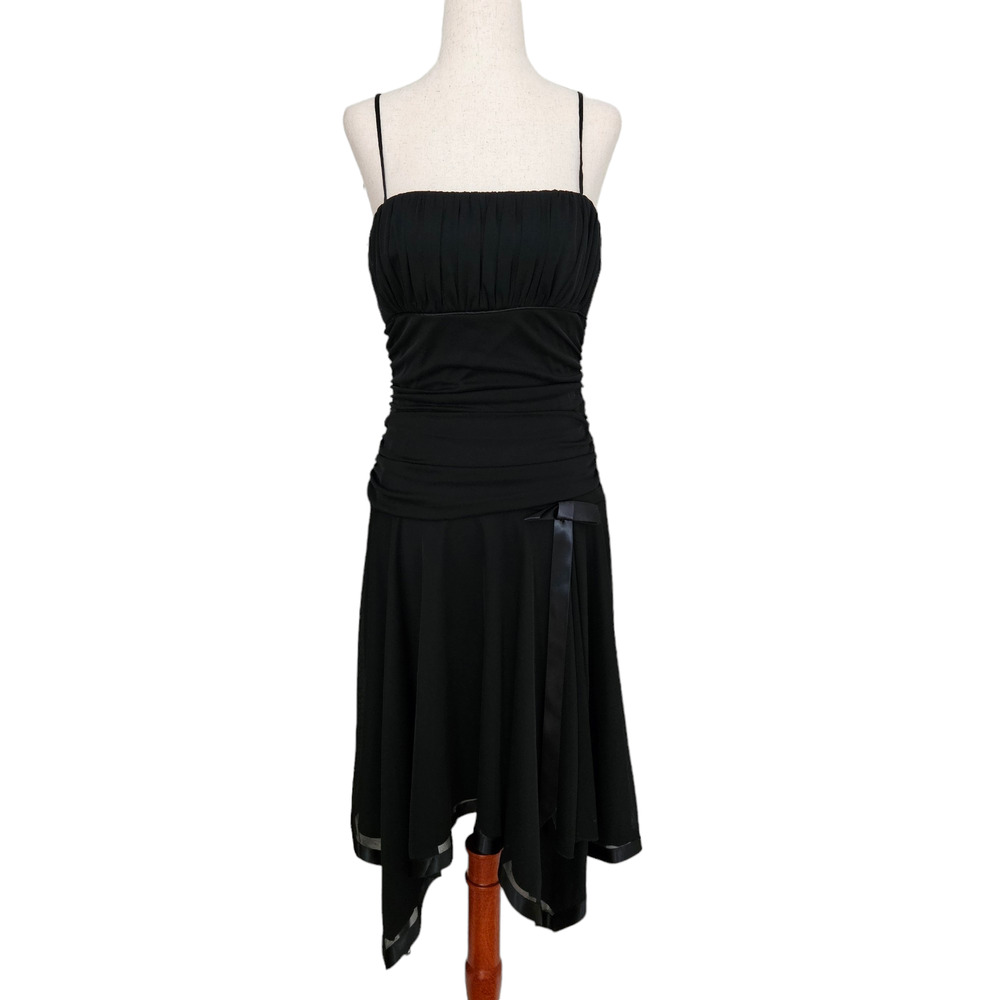 VTG Black Mesh Mini Dress Sheer Mesh Asymetric Satin Milkmaid Floral Bow Medium